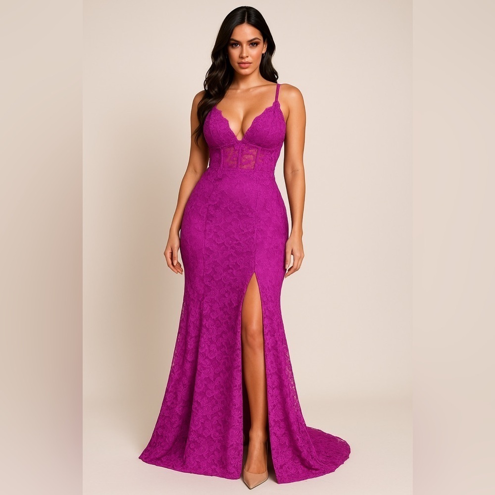Morgan & Co. Fuchsia Lace Maxi Dress